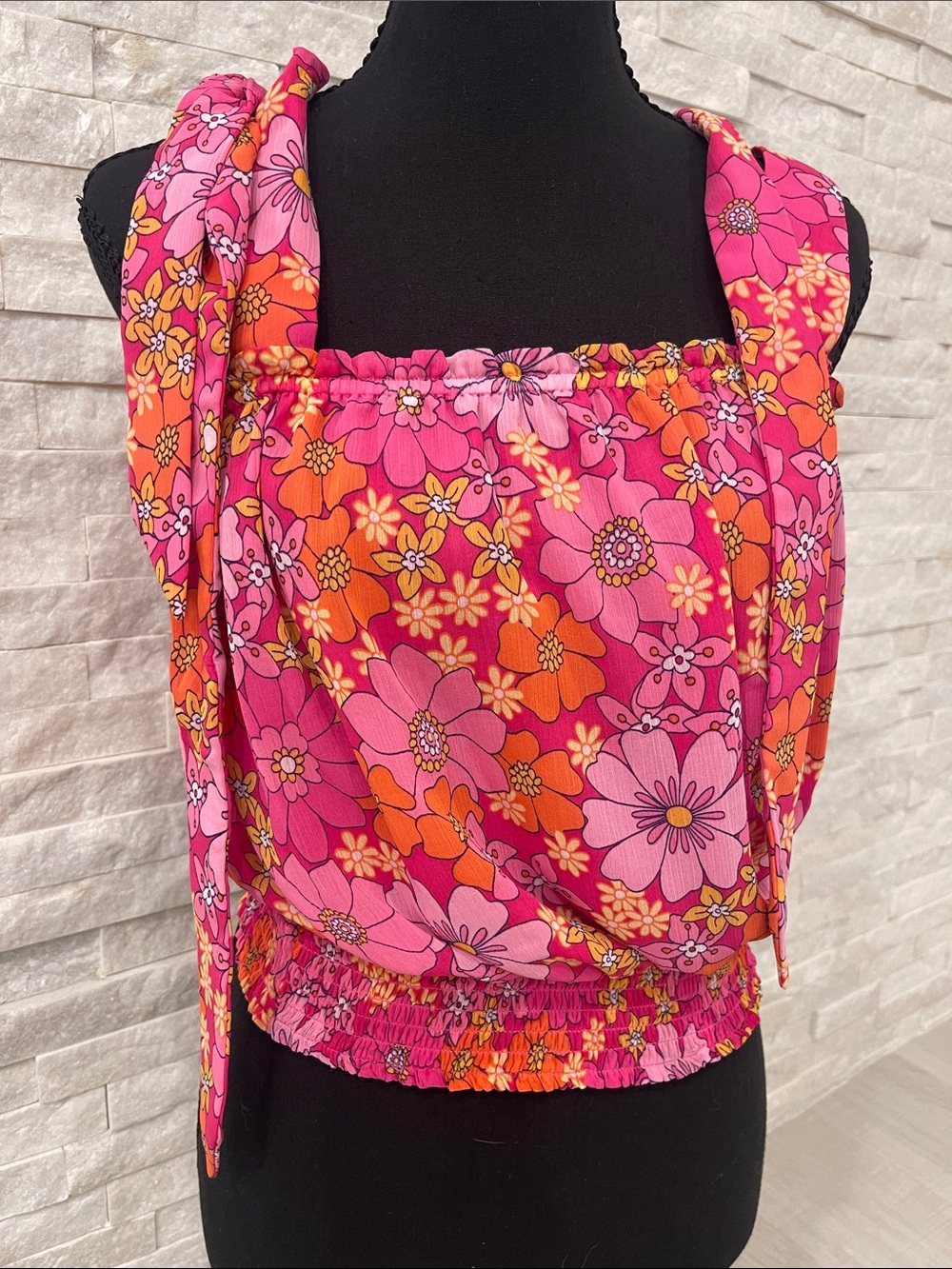 Ramy Brook Pink & Orange Floral Tie-Shoulder Crop Top NWOT